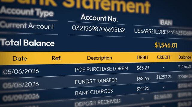 Bank statement animation showing account balance, transactions, debit, credit, 4k animation.