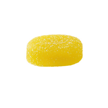 Sugary yellow gummy candy with granulated sugar coating, isolated isolated on white background