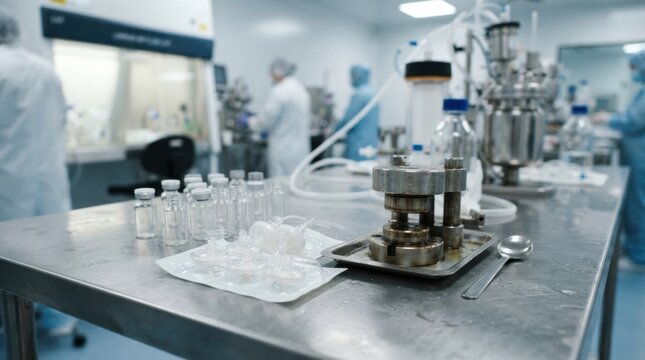 Sterile pharmaceutical bench with vials, syringe filters, tablet press punch set, and stainless sampling tray in a cleanroom