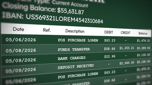 Bank statement animation with transaction details, balance, iban, purchase records, and financial data for analysis. 4k animation.