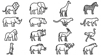 Minimalist African safari animal line art icons, set of 16 wild animal silhouettes, black outline wildlife illustrations for coloring © Ghulam