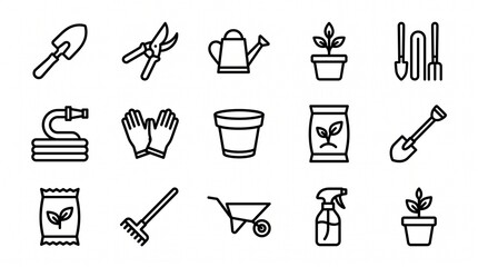 Minimalist gardening icon set, 15 black line garden tool symbols, professional horticulture equipment icons for landscaping apps © Ghulam