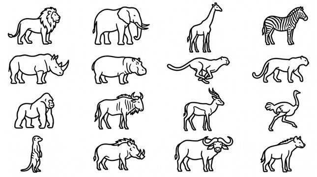 Minimalist African safari animal line art icons, set of 16 wild animal silhouettes, black outline wildlife illustrations for coloring