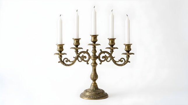 Ornate Brass Bronze Five-Arm Candelabrum with White Taper Candles and Decorative Scrollwork Isolated on White Background
