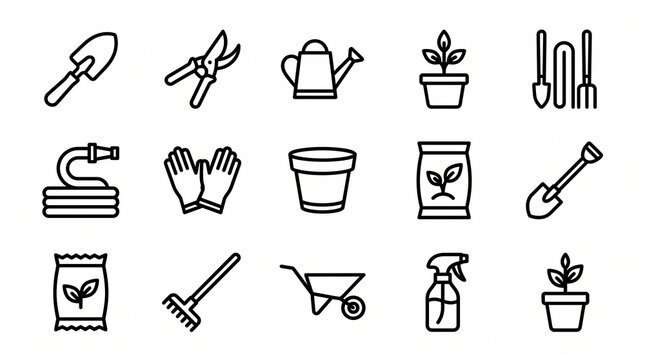 Minimalist gardening icon set, 15 black line garden tool symbols, professional horticulture equipment icons for landscaping apps