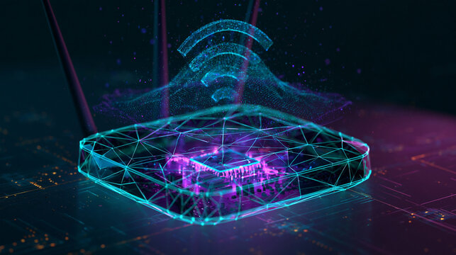 Futuristic 5G wireless router with glowing neon signal waves background.
