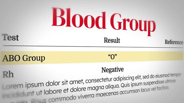 Blood group test result showing abo group O negative with medical report format 4k animation design close up