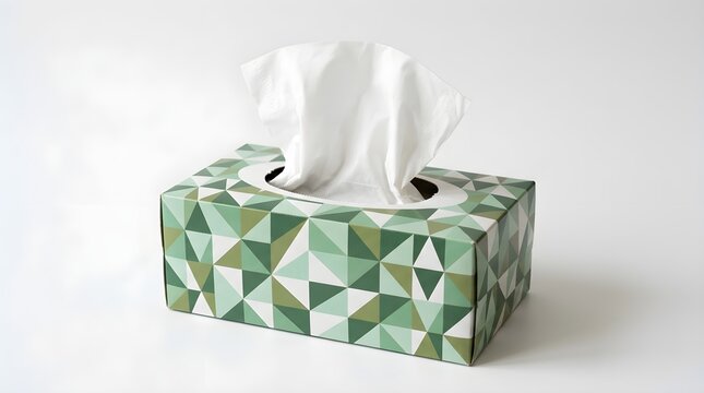 Rectangular Tissue Box with Geometric Green White Gold Triangle Pattern and Single White Tissue Isolated on White Background