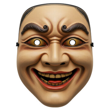 Detailed japanese noh mask with exaggerated features and golden teeth isolated on white background