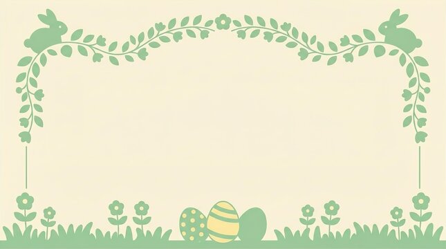 Elegant Spring Floral Border with Green Leaves, Grass and Easter Eggs on Soft Cream Background