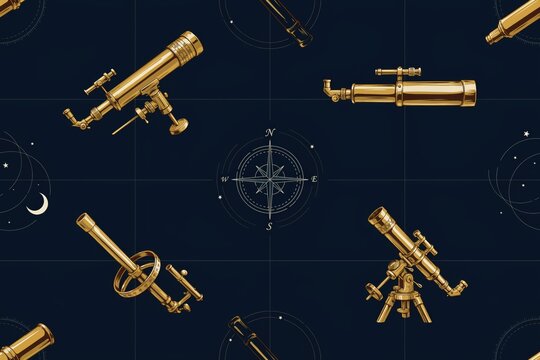 Seamless pattern featuring vintage brass telescopes, navigation compasses, and celestial on a dark blue background, with grid lines