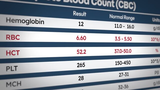 Blood test results chart with hemoglobin, rbc, hct, cbc report, medical, health 4k animation.