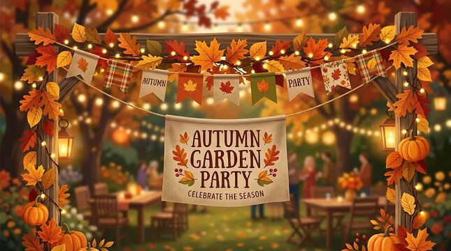 Vibrant illustration of an autumn garden party banner with festive lights, fall leaves, and pumpkins, set against a blurred background of people enjoying the celebration.