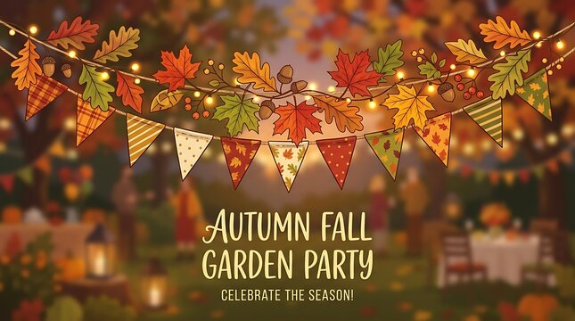 Festive autumn fall garden party banner with string lights and decorative bunting.