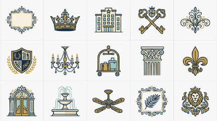 Professional Luxurious Gold and Blue Vintage Style Icons Set Royal Crown Keys Shield Chandelier Fleur de lis and More © Dina