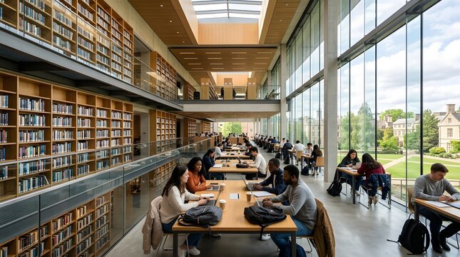 Students studying in a modern library with large windows and bookshelves.