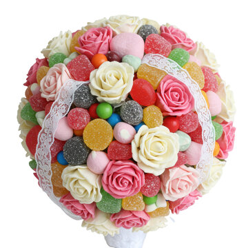 Colorful candy bouquet with gumdrops, roses, and decorative lace detailing isolated on white background