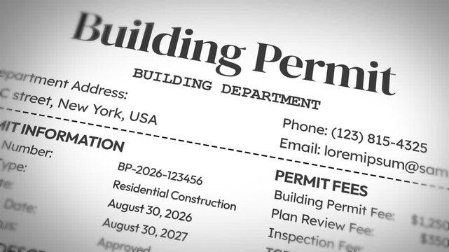 Building permit document close-up with permit information, 4k animation