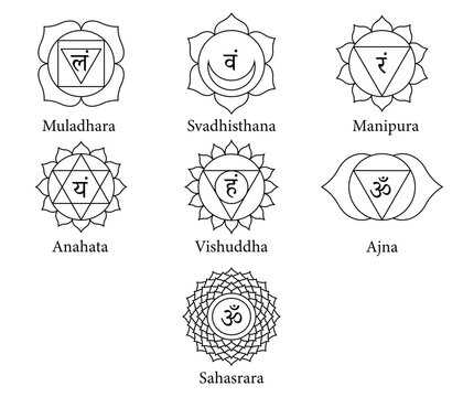 Seven Chakras Diagram with Sanskrit Symbols - Spiritual Energy System