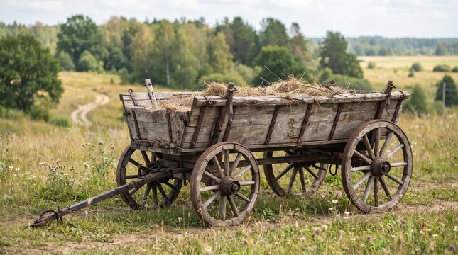 Rustic wooden hay cart with weathered planks and metal accents, isolated on transparent background