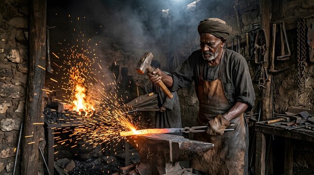 Senior blacksmith forging red hot metal on an anvil in a traditional dark workshop with sparks