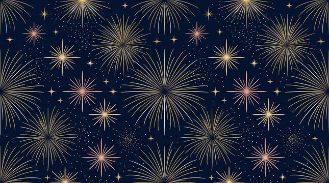 Golden fireworks seamless pattern on dark blue background, festive holiday starburst texture, elegant celestial celebration backdrop