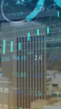 Animation of financial data processing over cityscape