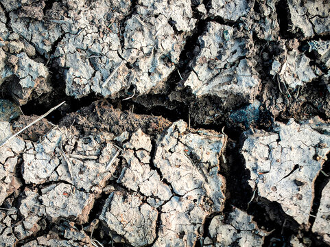 Top view of cracked soil ground due to lack of water