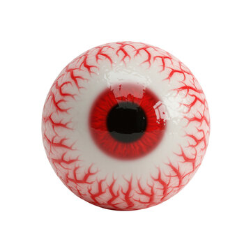 Realistic, bloody eyeball with red veins and black pupil, spooky halloween theme isolated on white background