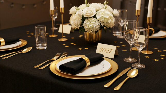 Elegant 2027 New Year dinner table setting, luxury black and gold banquet decor with white flowers and gold cutlery