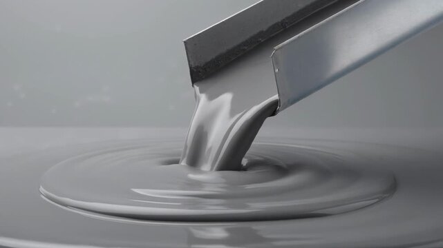 Smooth flow of thick gray liquid pouring from metal chute with swirling motion in industrial process