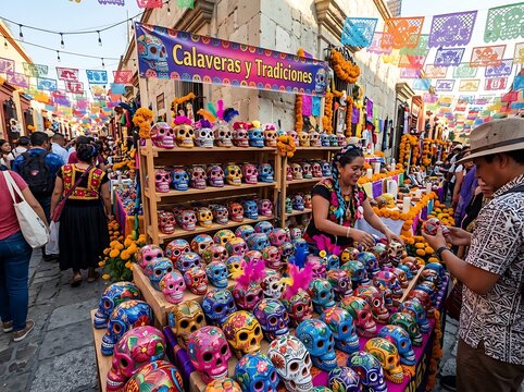vibrant calaveras and traditional crafts displayed at a bustling street market during day of dead celebration.