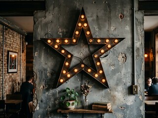 Naklejka premium Large metallic star light with filament bulbs mounted on textured grey concrete wall for contemporary interior design lighting.