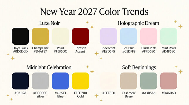 New Year 2027 color trends palette, professional graphic design swatches with hex codes, modern aesthetic color schemes for branding