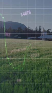 Animation of changing numbers and financial data processing against aerial view of grassland