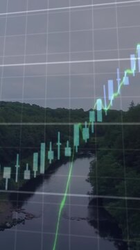 Animation of financial data processing against aerial view of river and forest