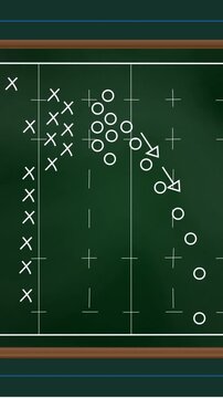 Animation of football game strategy drawn on green chalkboard against green lined paper background