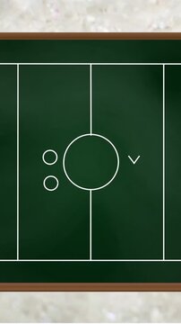 Animation of football game strategy drawn on green chalkboard against grey textured background