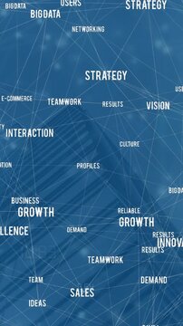 Animation of network of business concept texts against low angle view of tall building