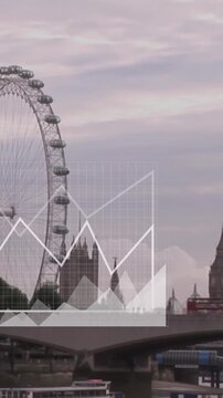 Animation of financial data processing with business icons over london cityscape