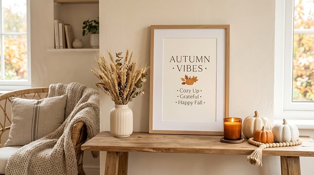 Minimalist autumn vibes poster in wooden frame on rustic table with neutral fall decorations.