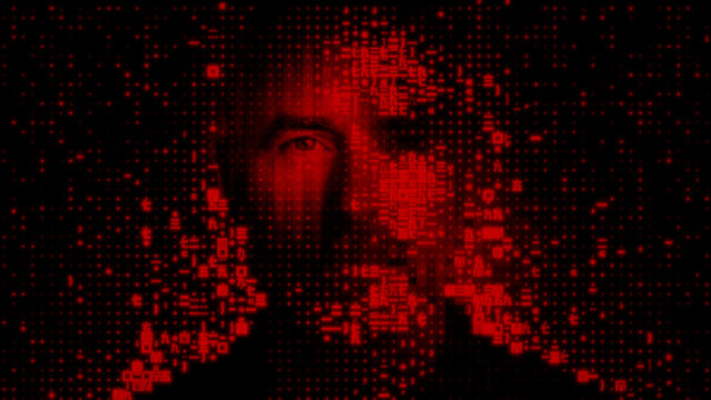 Man's Face dissolving into Encrypted Code, illustrating Facial Recognition Login Concept.