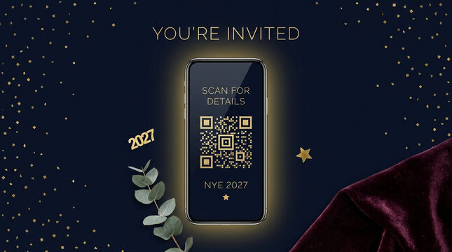 Elegant New Year's Eve 2027 invitation, smartphone with QR code on screen, luxury gold and navy blue party flyer with glitter