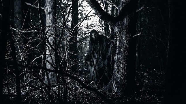 A creepy figure in ragged clothes standing in a dark, ominous forest at night, creating a horror movie scene.
