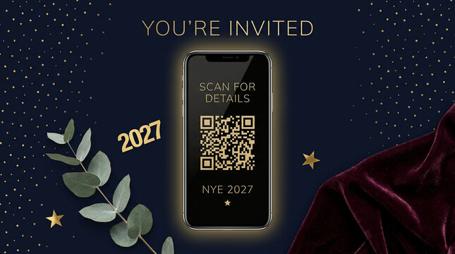 Elegant New Year 2027 invitation, smartphone with QR code for NYE party details, luxury gold and navy background with velvet