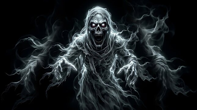 Terrifying ghost monster with glowing red eyes emerging from dark smoke on a black background for halloween and horror themes.