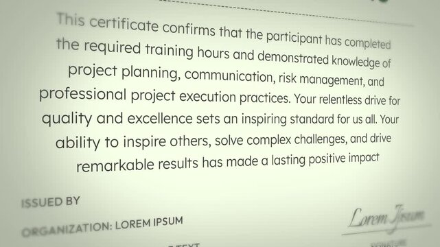 Certificate of completion for project planning, communication, risk management, excellence recognition, 4k animation close up