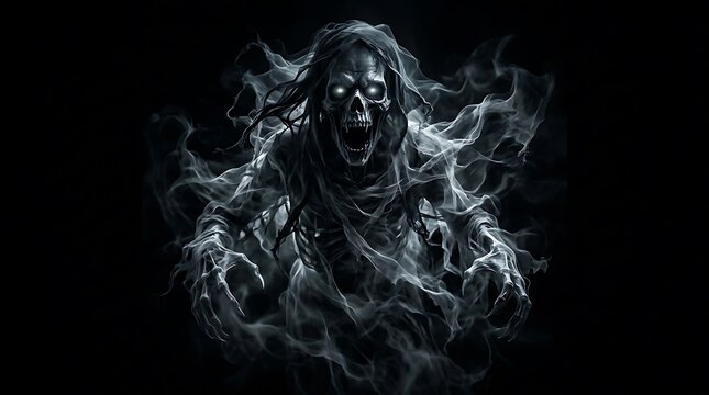 Terrifying ghost monster with glowing red eyes emerging from dark smoke on a black background for halloween and horror themes.