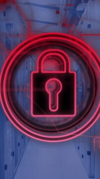 Animation of padlock icon and data processing over computer servers