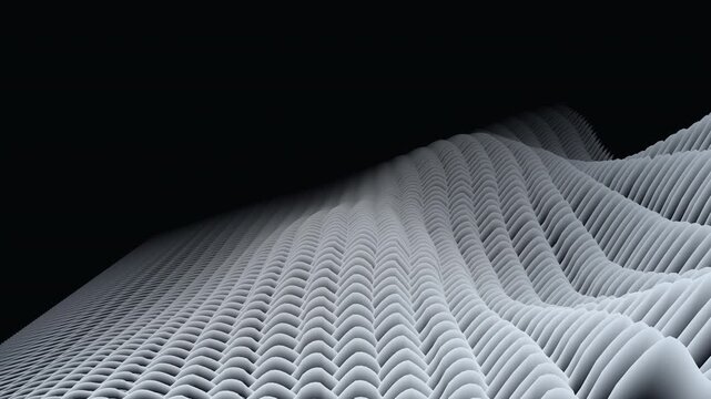 Elegant abstract geometric waves flowing seamlessly in a dark atmospheric space. Silver and blue illuminated layers gently undulate, providing a calm motion background for presentations and websites.